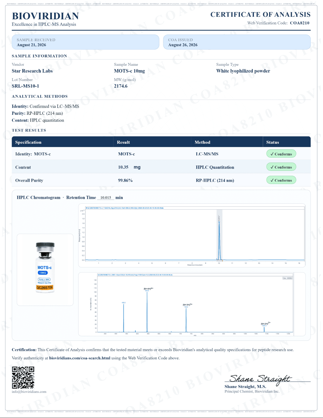 Certificate of Analysis for MOTS-C, lot SRL-MS10-1