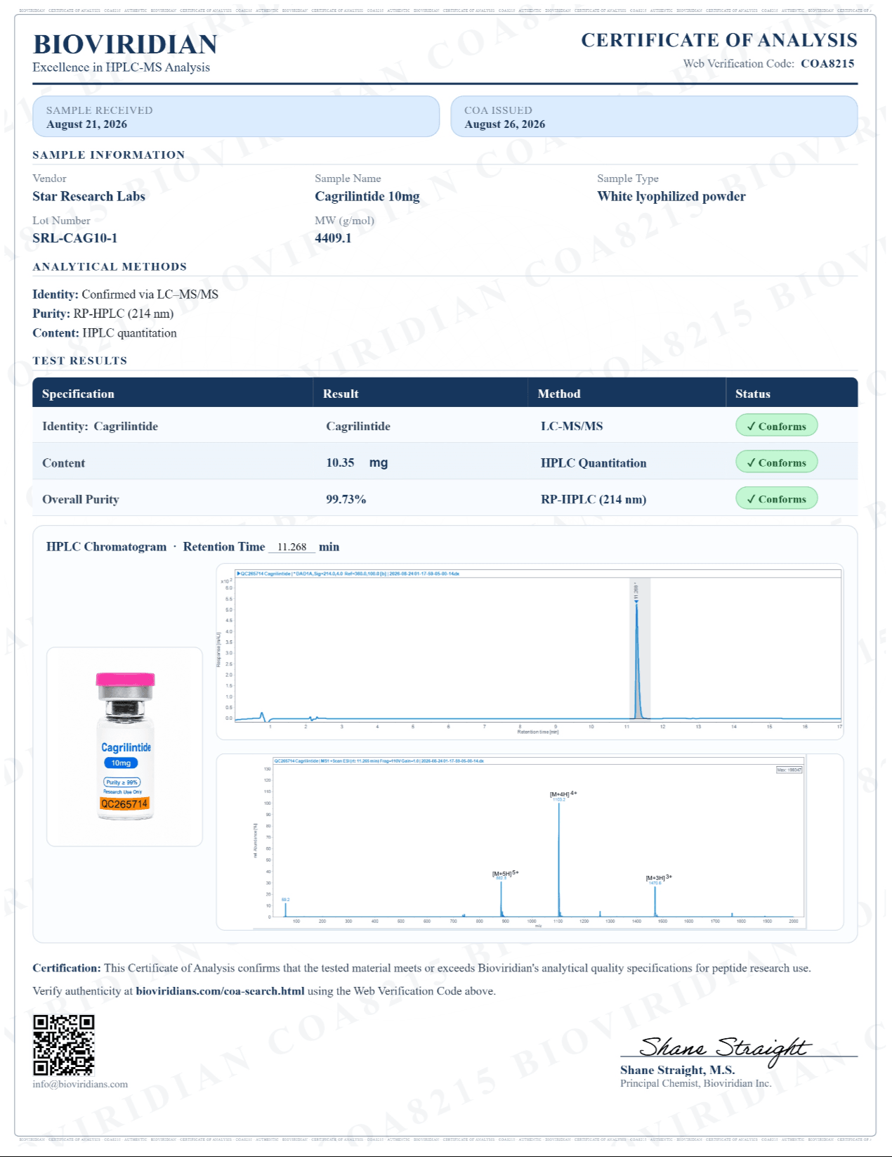 Certificate of Analysis for Cagrilintide · 10MG, lot SRL-CAG10-1