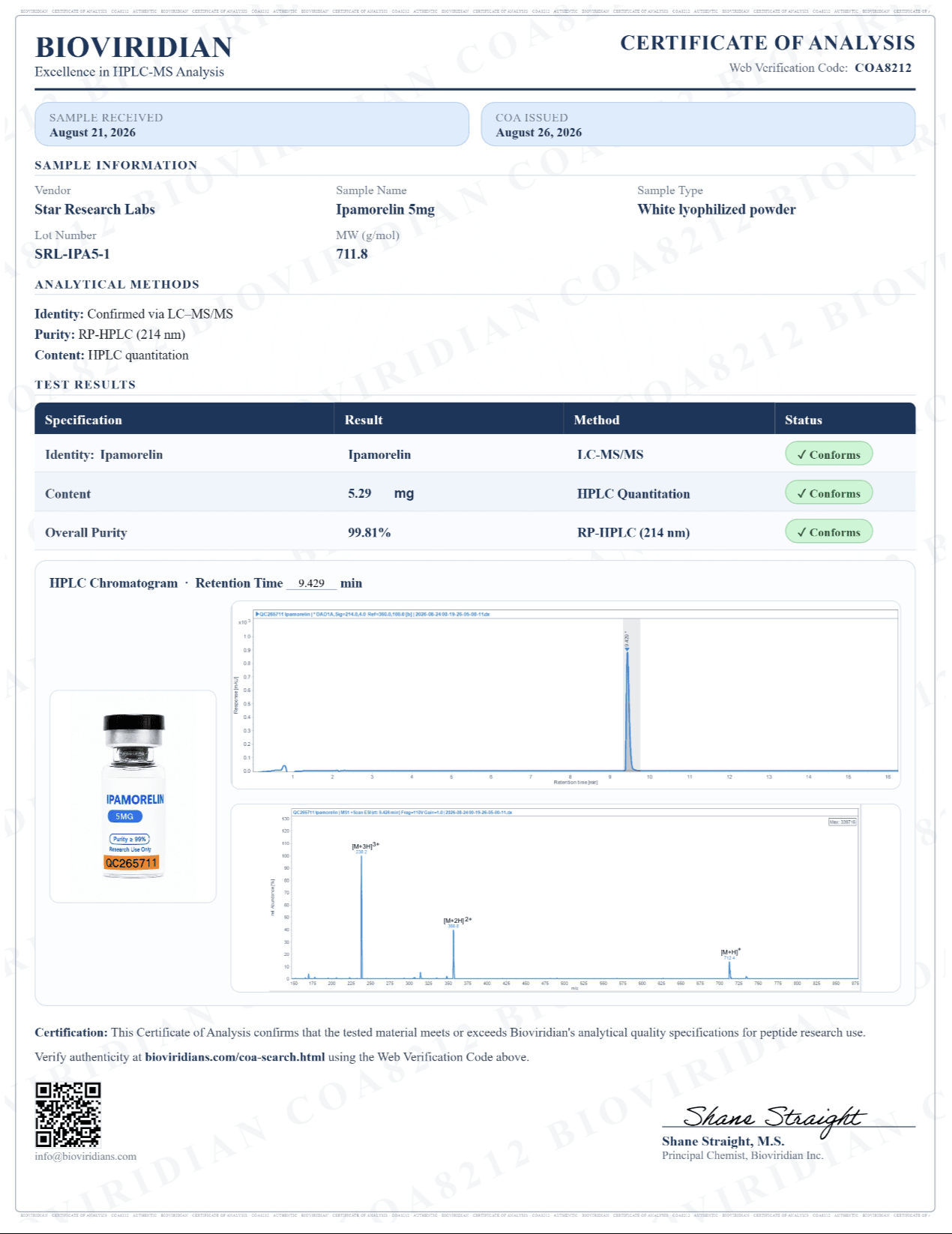 Certificate of Analysis for Ipamorelin, lot SRL-IPA5-1