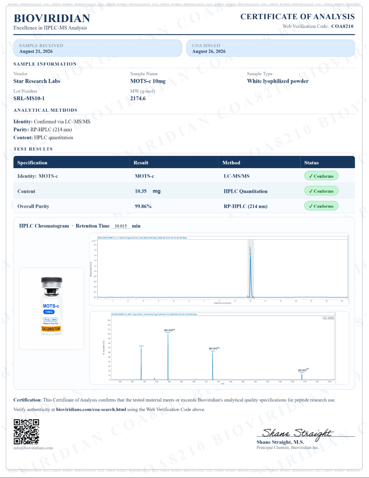 Certificate of Analysis for MOTS-C, lot SRL-MS10-1