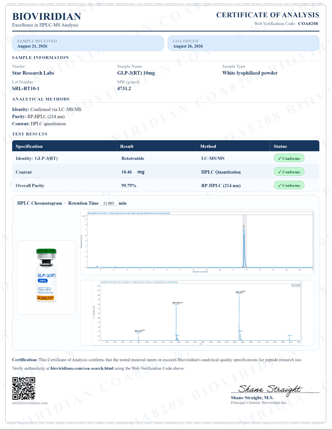 Certificate of Analysis for GLP-3 (RT) · 10MG, lot SRL-RT10-1