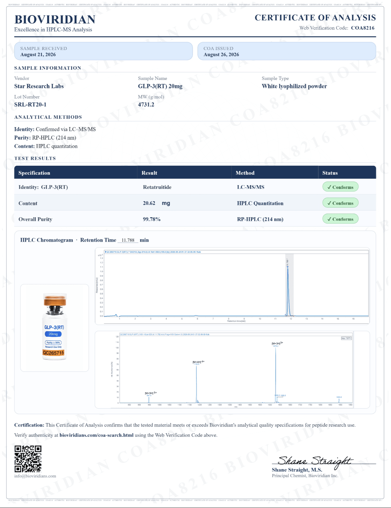 Certificate of Analysis for GLP-3 (RT) · 20MG, lot SRL-RT20-1