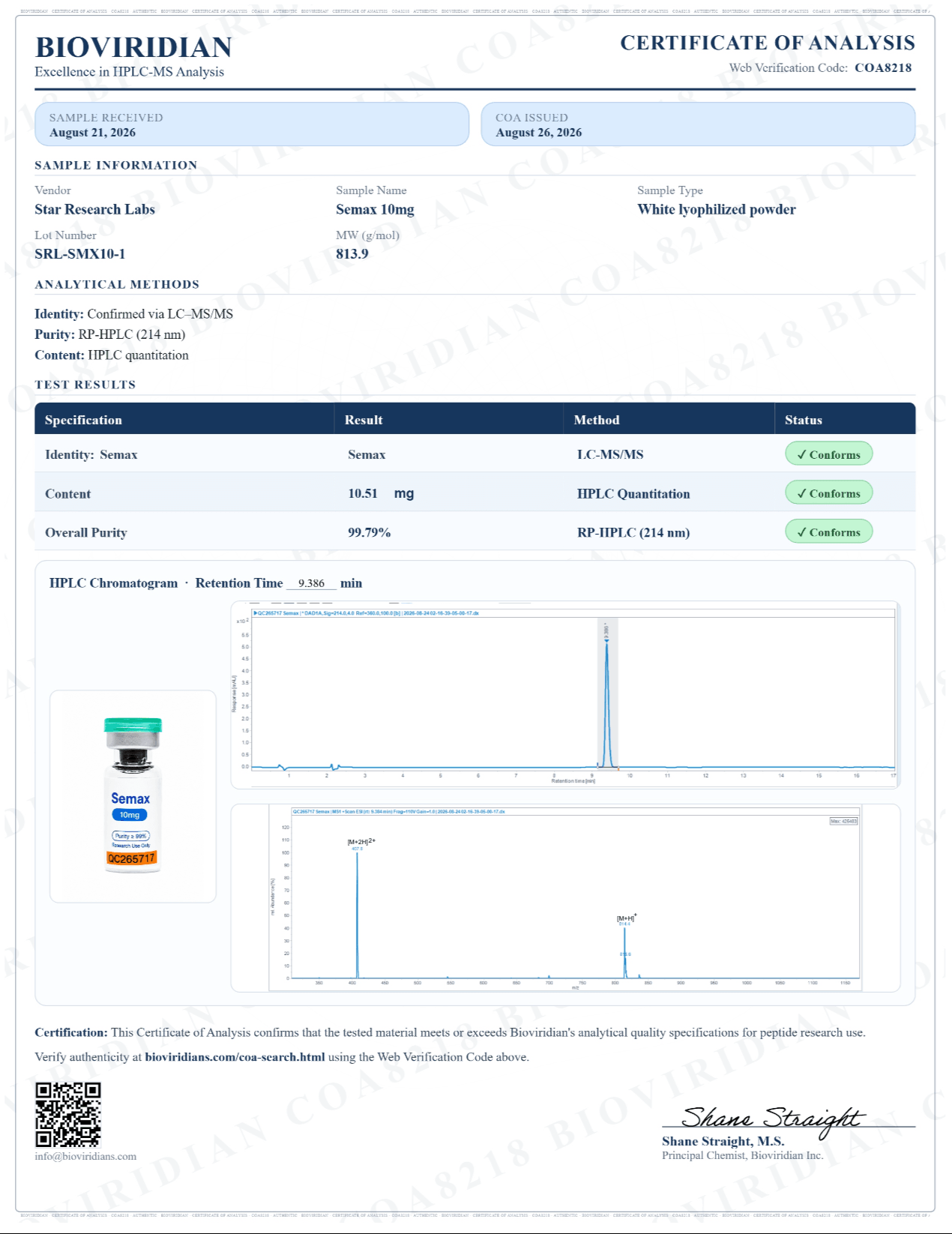 Certificate of Analysis for Semax, lot SRL-SMX10-1