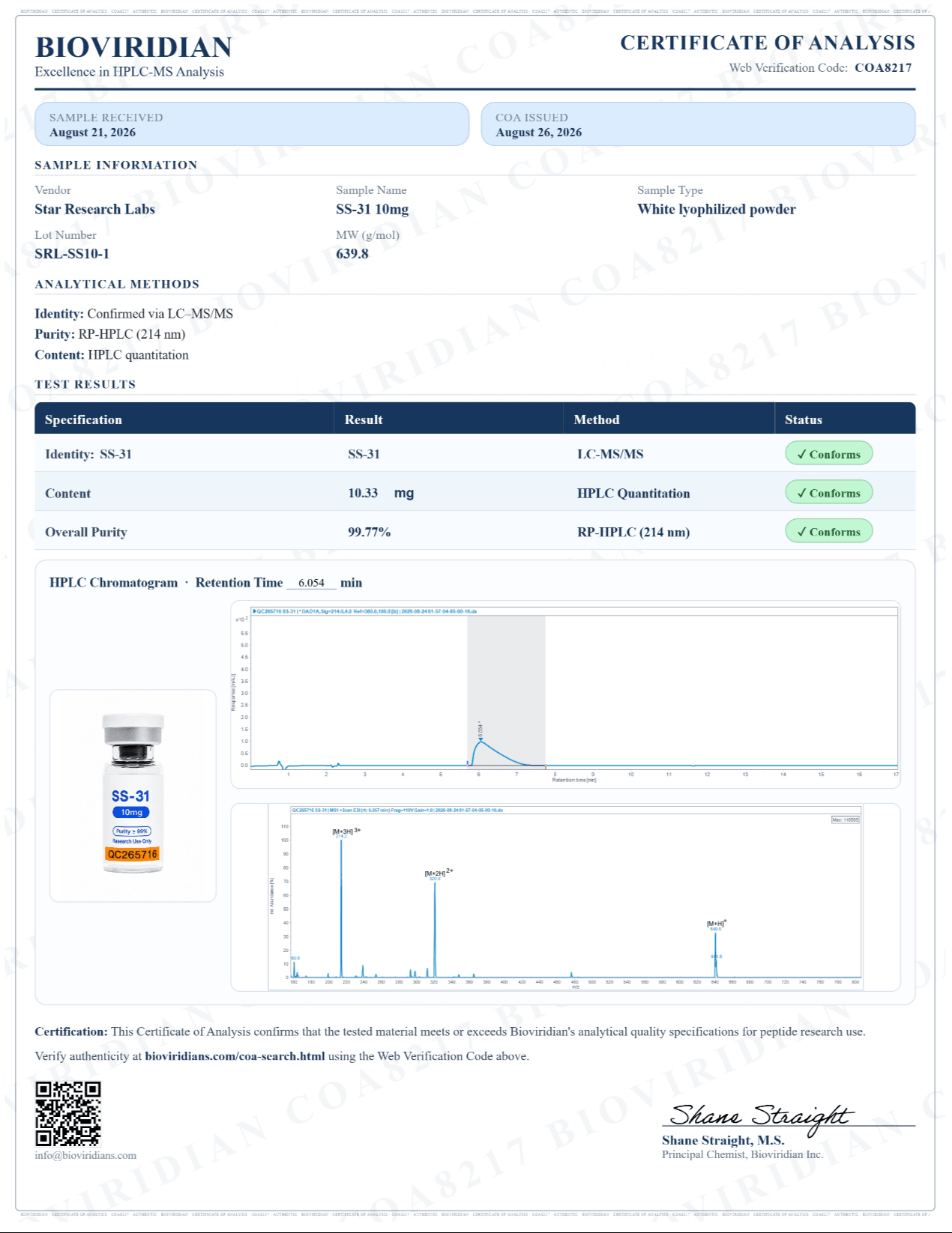 Certificate of Analysis for SS-31, lot SRL-SS10-1