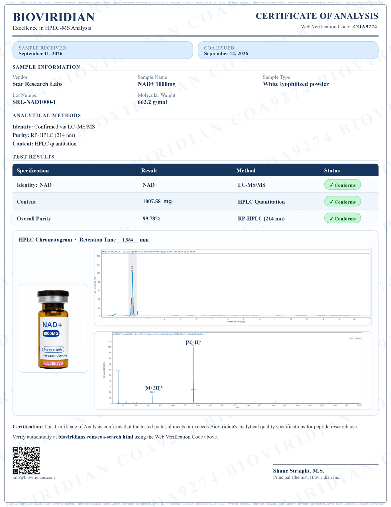 Certificate of Analysis for NAD+ · 1000MG, lot SRL-NAD1000-1