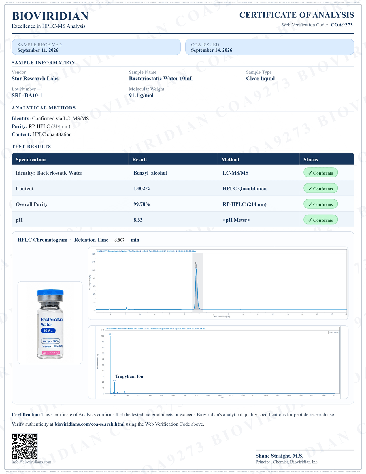 Certificate of Analysis for Star Solution, lot SRL-BA10-1