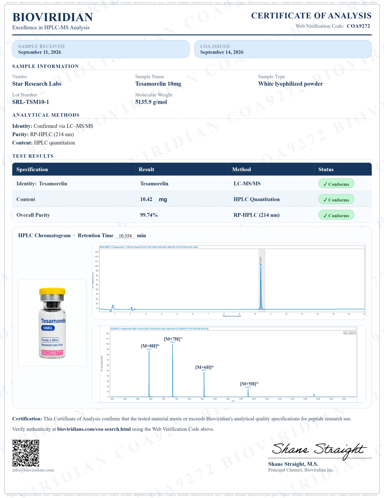 Certificate of Analysis for Tesamorelin, lot SRL-TSM10-1